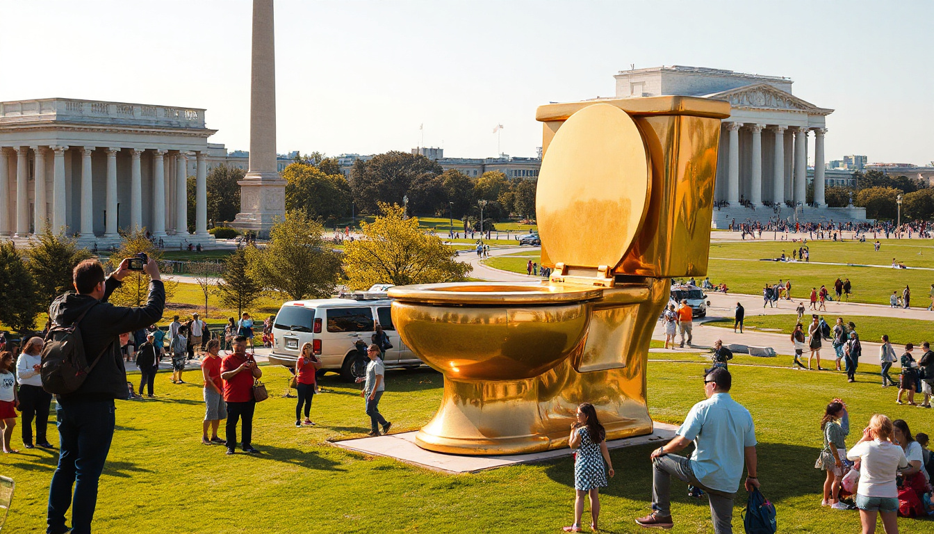 Giant Golden Toilet Sculpture Debuts on National Mall, Satirizing Trump's Lavish Bathroom Renovations
